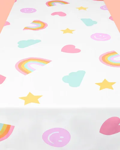 Vista 2 de xo, Fetti Mantel desechable con cara sonriente, 9 pies, decoraciones de cumpleaños de arcoíris, cubierta de mesa pastel, mantel para niñas
