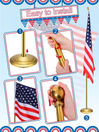Vista 2 de Threan Poste de bandera telescópico para interiores con base y parte superior de bola, mástil de bandera para interiores y soporte, base de poste
