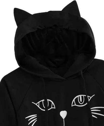 Vista 2 de Sudadera SweatyRocks corta con capucha, manga larga, con estampado de gato, para mujer