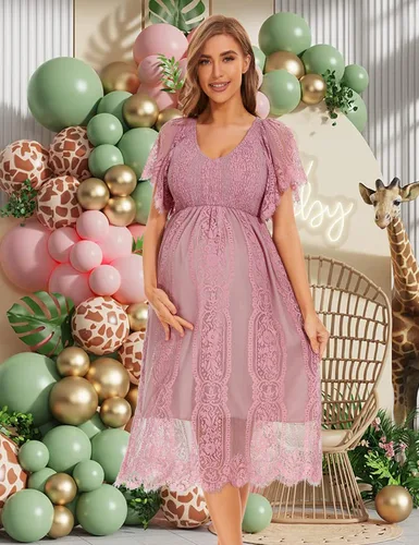 Vista 3 de Vestido de maternidad de manga corta con cuello en V bohemio para baby shower, sesión de fotos, vacaciones, vestido de maternidad de lunares suizos