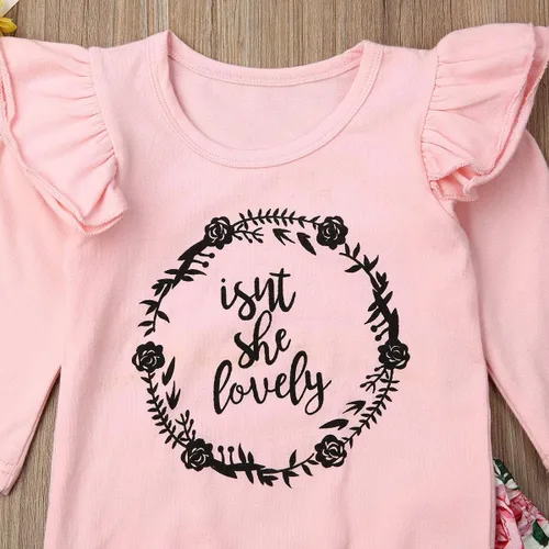 Vista 6 de Conjunto de 2 conjuntos de 2 piezas con estampado de letra y manga purfle para bebés y niñas