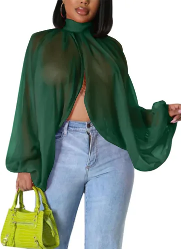 Vista 12 de Tops Sexys para Mujer Fiesta Club Noche con Mangas de Murciélago de Gasa Transparente con Lazo Trasero en la Parte Frontal Camisas de Mujer Casuales