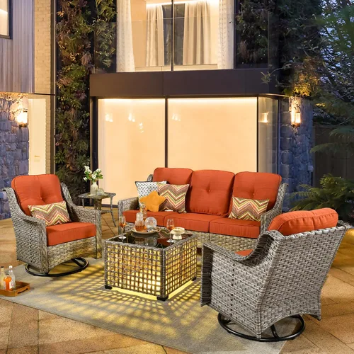 Vista 16 de HOOOWOOO Sofá de patio de 3 plazas de mimbre para exteriores, resistente a todo tipo de clima, con respaldo alto, muebles a juego (beige y bronceado)