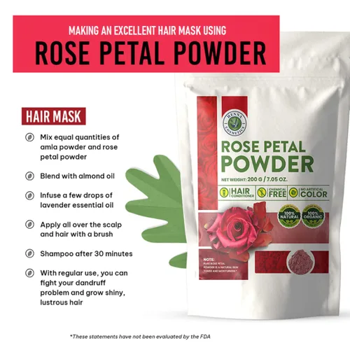 Vista 4 de Polvo de pétalos de rosa para formulación de mascarilla facial/capilar, piel 100% orgánica 3.53 oz (3.53 onzas) Henna Cosmetics