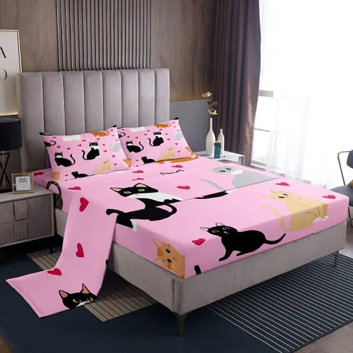Vista 32 de Erosebridal Lindas sábanas de gato Kawaii fresa tamaño individual para niñas, diseño de arcoíris de dibujos animados, juegos de sábanas y fundas