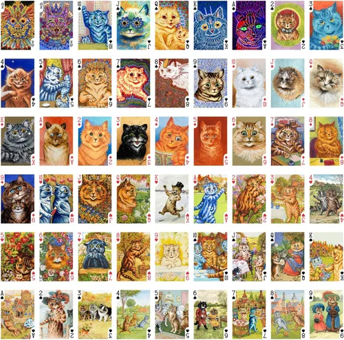 Vista 2 de Cartas de juego de gatos psicodélicos (baraja de póquer, 54 cartas, todas diferentes), arte único de gatos por Louis William Wain Vintage Cards