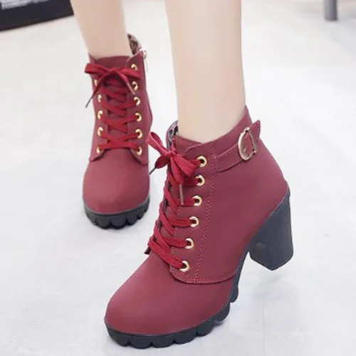 Vista 3 de Botines de tacón grueso para mujer, elegantes tacones altos, botas de combate con cremallera lateral, cómodas botas de combate