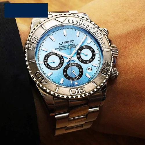 Vista 2 de LOREO Reloj impermeable multifunción de acero inoxidable plateado con cristal de zafiro para hombre
