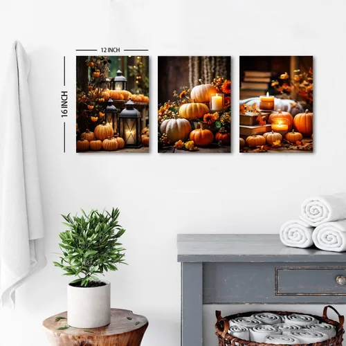 Vista 5 de Arte de pared de calabaza de granja, decoración de pared de otoño para cocina, comedor, decoración rústica de Halloween, impresiones en lienzo