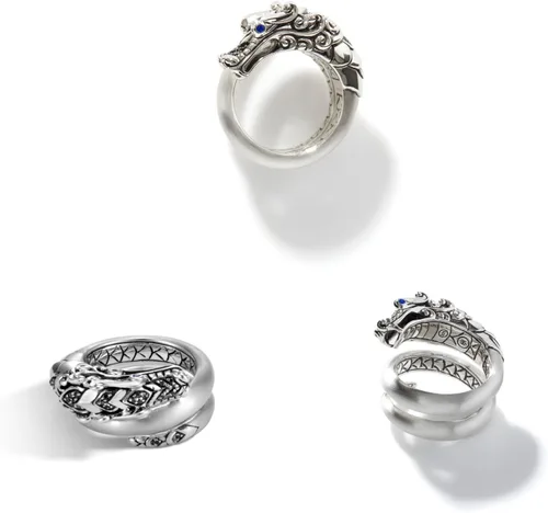 Vista 2 de Anillo de plata Naga Legends para mujer en acabado cepillado con espinela negra y ojos de zafiro azul