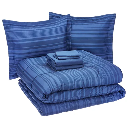 Vista 28 de Amazon Basics - Juego de edredón Twin/Twin XL con sábanas, juego de ropa de cama de 5 piezas, microfibra ligera azul Calvin a rayas, en una bolsa