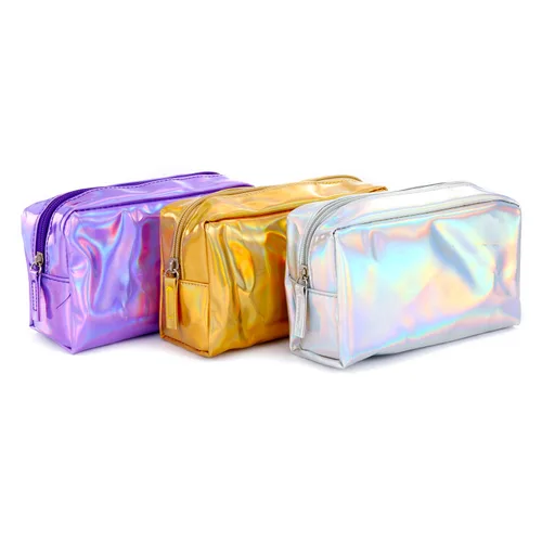 Vista 4 de Bolsa de maquillaje holográfica de piel sintética, bolsa de cosméticos, impermeable, organizador de artículos de tocador, bolsa para bolígrafos