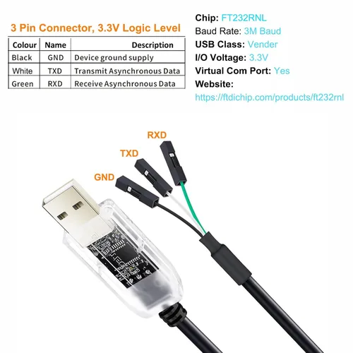 Vista 5 de DTECH Adaptador de cable serie USB a TTL 3.3V 3 pines FTDI Chip Indicadores LED UART Convertidor de depuración FT232RNL Salida IC 3V3 Nivel de señal