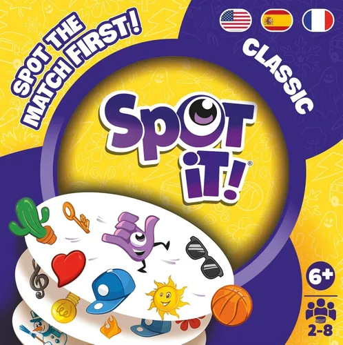 Vista 2 de Asmodee Spot It! Juego de cartas clásico (actualización 2024) - Edición con funda ecológica, juego de percepción visual 5 en 1 para reflejos rápidos