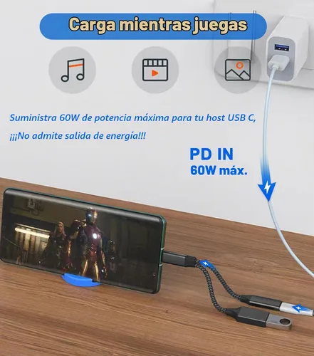 Vista 2 de AKWOR Adaptador USB C a USB OTG, divisor USB C 2 en 1 con puerto de carga PD de 60 W y puerto USB 3.0 hembra compatible con iPhone 15 Pro, MacBook