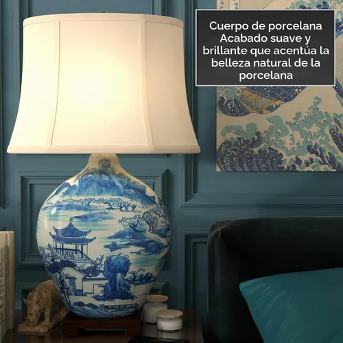 Vista 3 de Red Lantern Lámpara de jarrón de paisaje Ming azul y blanco de 32" Ming Paisaje
