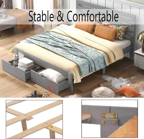 Vista 6 de Base de cama Queen con cajón de almacenamiento, base de cama de plataforma con cabecero, cámaras de base de colchón, soporte de listones de madera