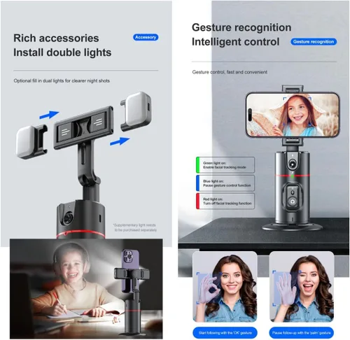 Vista 2 de Control remoto de trípode de seguimiento automático de cara, soporte de teléfono de seguimiento inteligente, montaje de cámara de teléfono de 360°