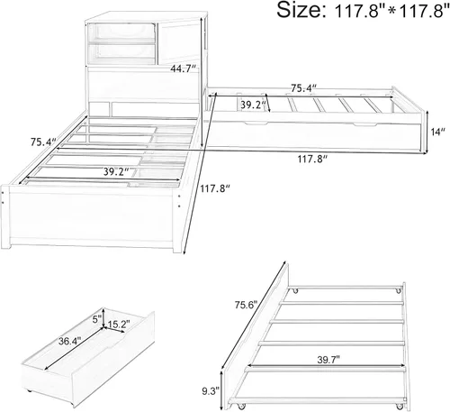 Vista 2 de Polibi Base de cama individual combinada en forma de L con nido y cajones intercambiables, plataforma de esquina baja 3 en 1, cama vinculada