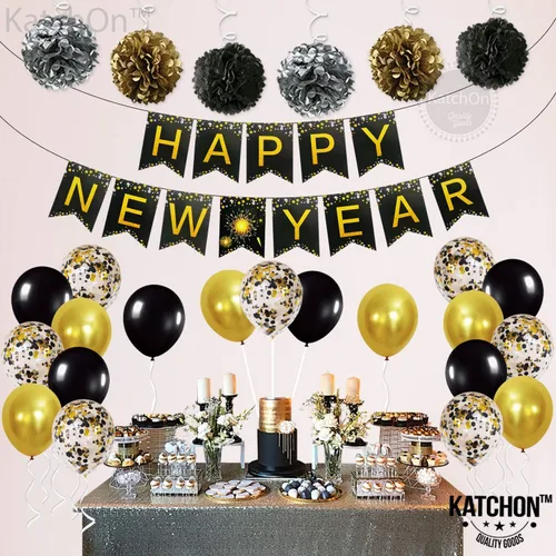 Vista 7 de KatchOn, Suministros para fiestas de Año Nuevo 2026 – Paquete de 34 Cartel de feliz año nuevo de 10 pies con pompones Fondo negro y dorado