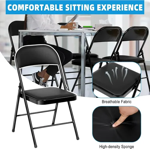 Vista 6 de Juego de 4 Sillas Plegables Tapizadas en Negro - Cómodas Sillas Apilables Portátiles para Interior y Exterior, Eventos, Fiestas, Oficina, Boda Negro