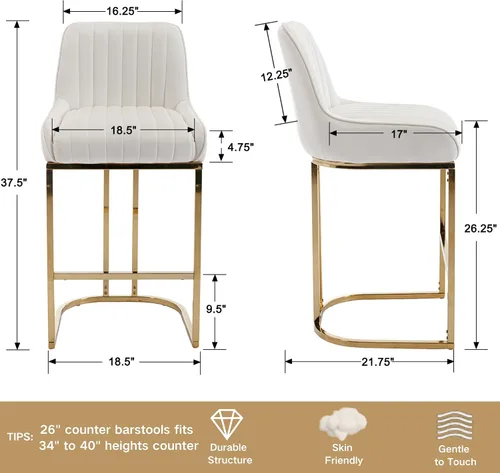 Vista 2 de Shunzhi Juego de 2 taburetes de bar de terciopelo beige de 26 pulgadas, modernos taburetes de mostrador con respaldo/patas doradas, sillas de bar