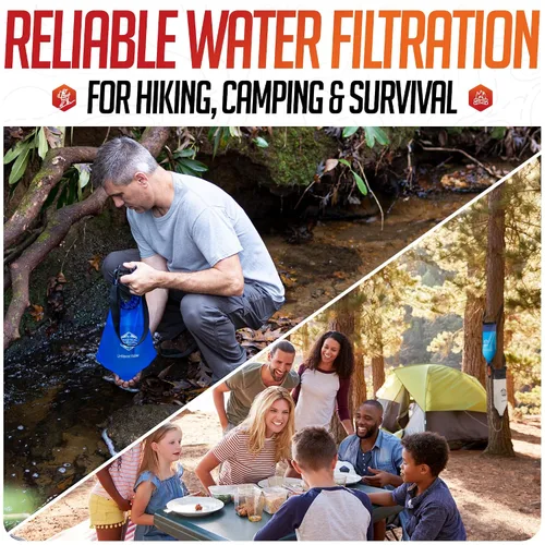 Vista 4 de Sistema de filtración de agua por gravedad: 2 bolsas colgantes ligeras de alta capacidad para mochileros, campamentos, supervivencia, senderismo