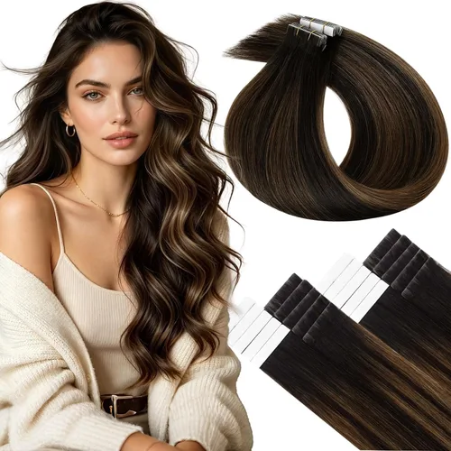 Vista 26 de LaaVoo Extensiones adhesivas de cabello humano real, color negro azabache, extensiones de cabello humano liso y sedoso, 10 pulgadas, 20