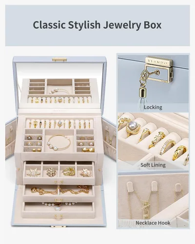 Vista 2 de Vlando Caja organizadora de joyas de terciopelo para mujer, caja de almacenamiento grande de joyería de cuero con cerradura, espejo, 3 cajones