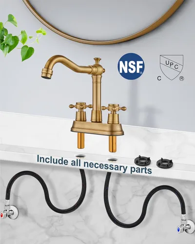 Vista 7 de Aolemi Juego central de 4 pulgadas, grifo vintage para lavabo de baño, 2 manijas cruzadas, lavabo para lavabo, 3 agujeros, incluye mangueras, grifo