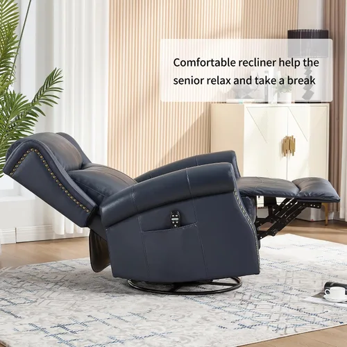 Vista 7 de Trustyue Silla reclinable de piel auténtica, reclinable manual con balancín giratorio, mecedora de masaje y calor, reclinable para guardería Azul