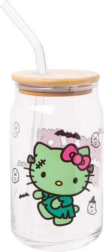Vista 25 de Silver Buffalo Sanrio - Vaso de vidrio con tapa de bambú y sorbete de vidrio de fotos de Badtz-Maru, 16 onzas