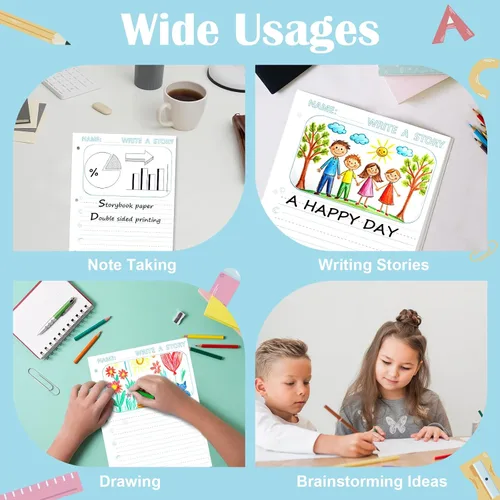 Vista 5 de 50 hojas de papel de escritura de historias de 8.5 x 11 pulgadas para niños, papel de dibujo y escritura de hojas sueltas de 3/4 pulgadas de regla
