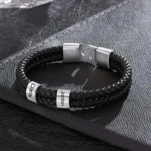Vista 3 de Pulseras de cuero personalizadas para hombre, pulsera con nombre para papá, grabado gratuito, cuentas de nombre de familia, pulseras