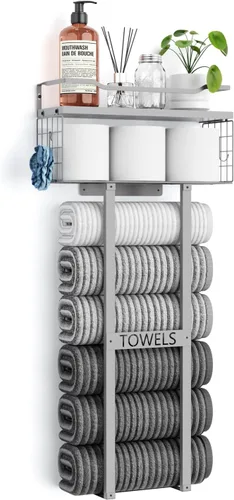 Vista 8 de Aetyord Toallero para Baño de 31 Pulgadas Montado en Pared, Estante Flotante con Tablero de Madera, Almacenamiento de Toallas para Baño que Puede