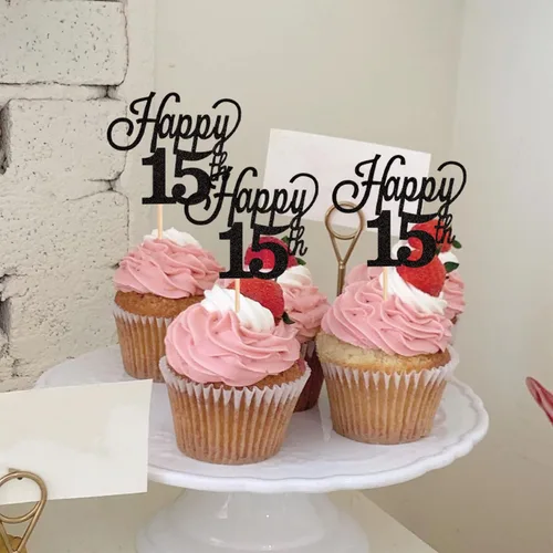 Vista 3 de Paquete de 24 adornos para cupcakes con purpurina número 15, quince cumpleaños, decoración para cumpleaños de 15 años, suministros de fiesta de Negro