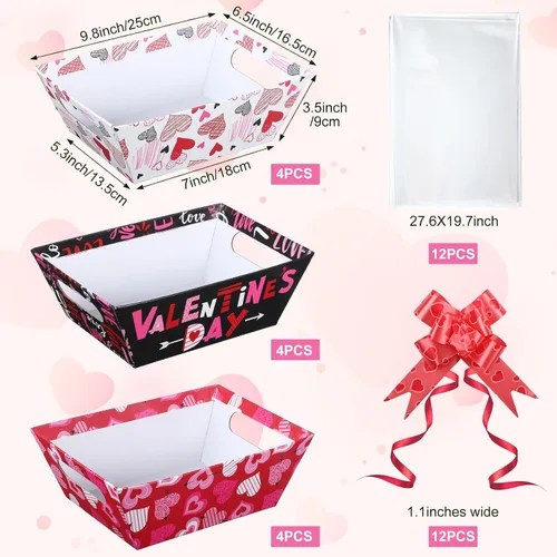 Vista 2 de Tatuo Juego de 12 cestas de San Valentín para regalos vacías con bolsas de celofán, bandeja de mercado de corazón de San Valentín, lazos, kit