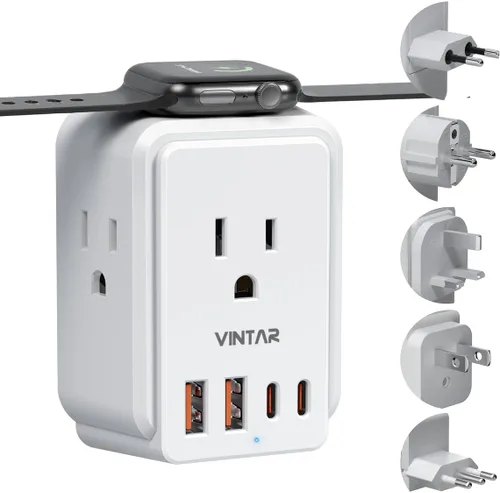Vista 7 de VINTAR - Adaptador de viaje universal para cargador de Apple Watch, adaptador de corriente internacional con 3 salidas de CA, 4 puertos USB