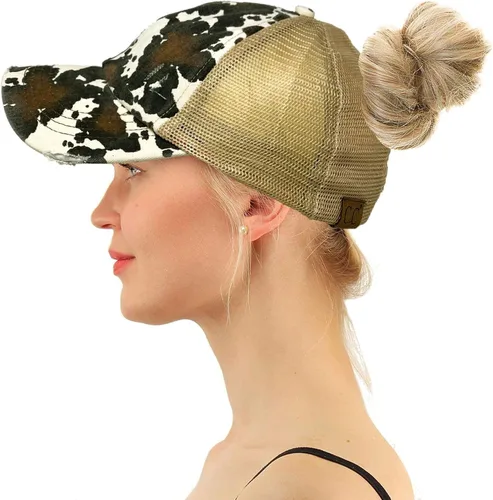 Vista 2 de C.C Gorra de béisbol para cola de caballo, diseño de camionero, diseño de cola de caballo, Estampado De Vaca Envejecida