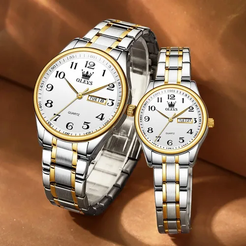 Vista 48 de OLEVS Juego de 2 relojes de cuarzo para parejas de San Valentín, calendario luminoso, ventana de fecha, 3 ATM, impermeable, casual, acero