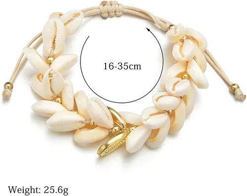 Vista 5 de GUAFEIH Pulseras de conchas de playa doradas hechas a mano trenzadas Roop pulseras de cuentas, pulseras de cadenas con dije de cadena multicapa