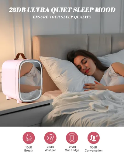 Vista 7 de Mini refrigerador para dormitorio, refrigerador de 4 litros/6 latas para el cuidado de la piel con espejo LED y asa de transporte de cuero