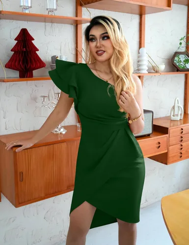Vista 5 de YMDUCH Women's Sexy One Shoulder Ruffle Ruched Wrap Bodycon Midi Party Dress