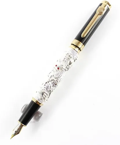 Vista 2 de Gullor Pluma estilográfica plateada con clip dorado y dragón auspicioso negro