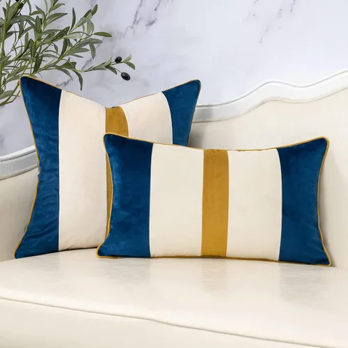 Vista 5 de Funda de Almohada Decorativa de Retazos Azul Marino de Terciopelo a Rayas Funda de Cojín Moderna Neutra para Sofá Sillón Dormitorio Sala de Estar