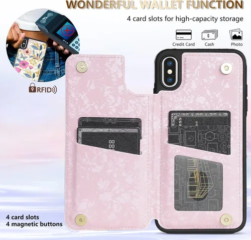 Vista 2 de NNH Funda tipo cartera compatible con iPhone Xs Max con bloqueo RFID, ranuras para tarjetas, folio de piel sintética, función atril, doble cierre