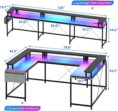 Vista 2 de Jojoka Escritorio en forma de U, escritorio de oficina esquinero grande de 79 pulgadas con soportes para monitor, escritorio reversible