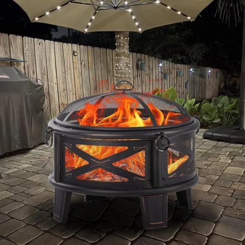 Vista 6 de Breezz Fogata de leña de 26 pulgadas con parrilla de cocina y pantalla de chispas, hoguera redonda de metal para exteriores, patio, fiesta