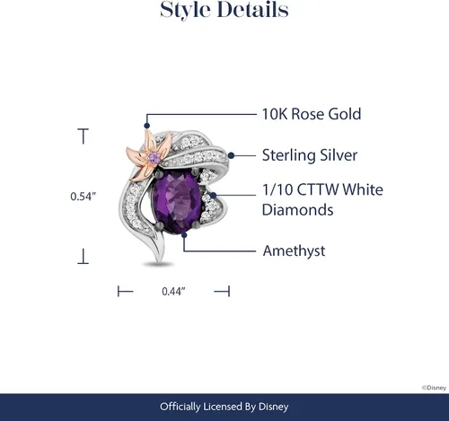 Vista 4 de Jewelili Enchanted Disney Fine Jewelry - Aretes tipo dormilona de plata de ley y oro rosa de 10 quilates con diamante blanco de 110 CTTW y amatista