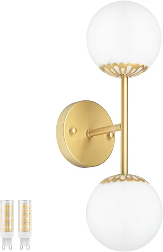 Vista 8 de Moderno juego de dos apliques de pared dorados, lámpara de pared de mediados de siglo, aplique de latón con vidrio de globo blanco, accesorios
